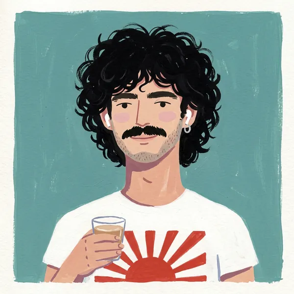 Gemaltes Porträt von João: schwarze Locken, Schnurrbart, weißes T-Shirt, Espressotasse