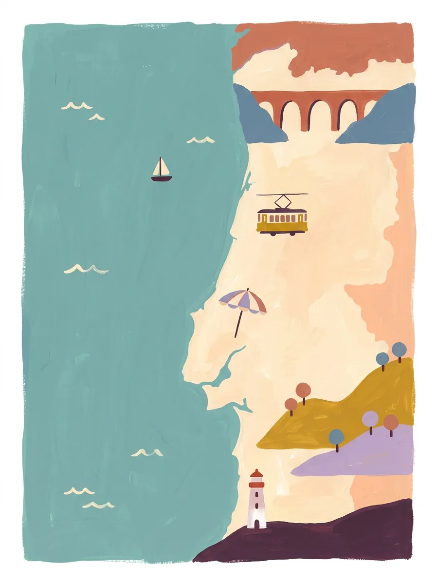 Gemalte Karte der portugiesischen Küste mit Reiseroute von Porto über Lissabon und Milfontes nach Sagres