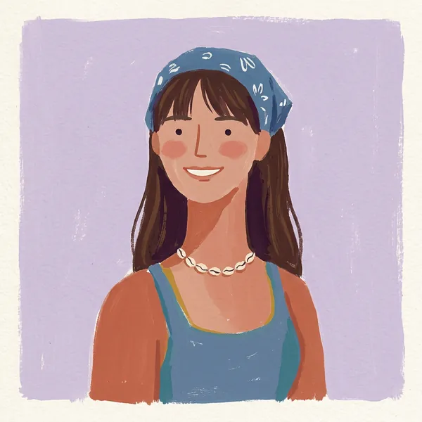 Gemaltes Porträt von Marie: braune Haare, blaues Kopftuch, Muschelkette