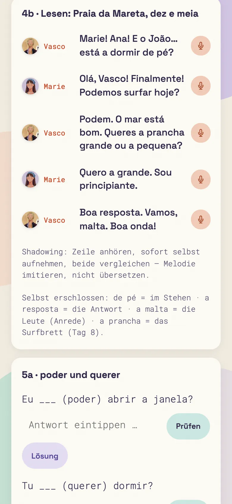 Screenshot der App: Dialog am Strand von Sagres zwischen Vasco und Marie, darunter eine Übung zum Eintippen