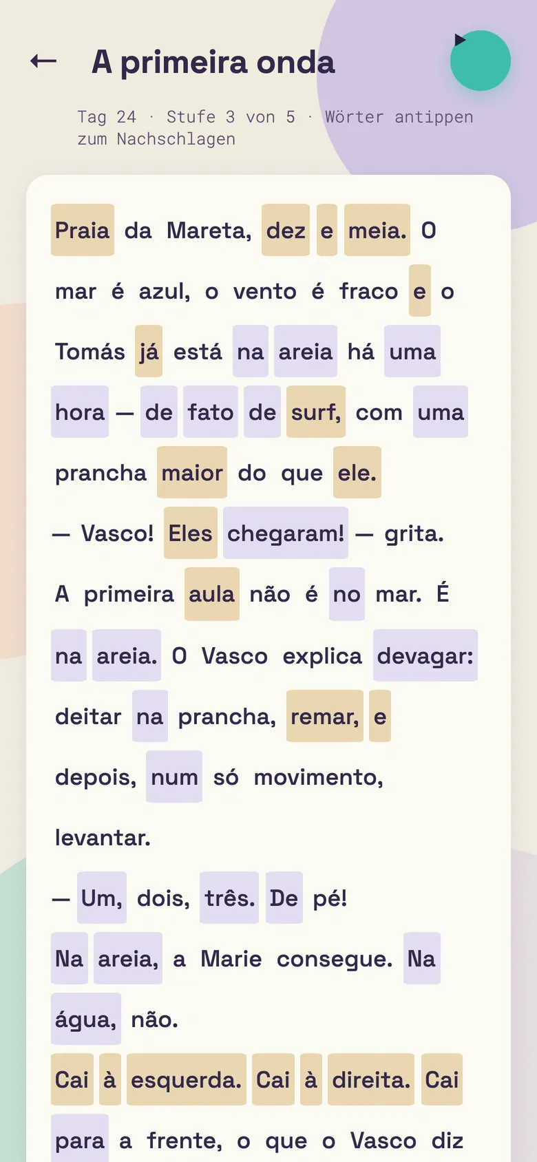 Screenshot der App: Lesetext „A primeira onda“, einzelne Wörter sind farbig markiert und antippbar