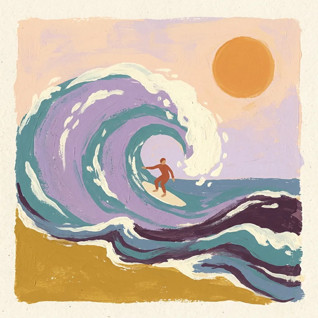 Gouache-Bild: ein Surfer in einer großen türkis-lila Welle vor orangefarbener Sonne